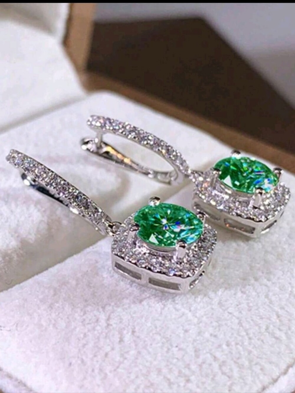 NEW! 14K White Gold Sterling Silver Green Emerald Diamond Halo Hoop Earrings
